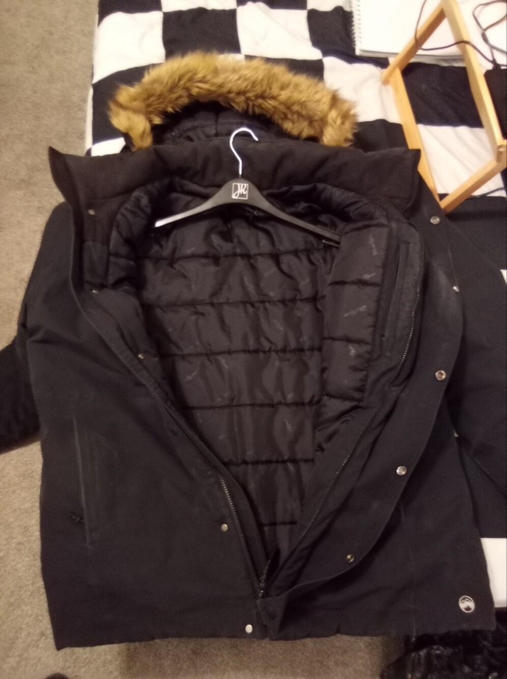 Men's Black Quilted Hooded Puffer Coat with Faux-Fur Trim